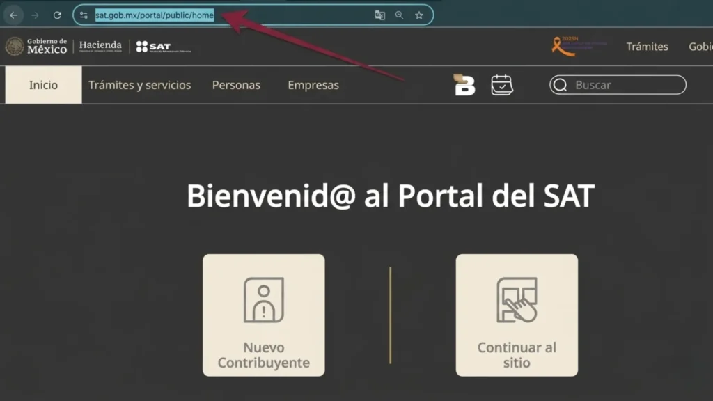 Paso 1: Ve al portal del SAT Abre tu navegador, escribe www.sat.gob.mx y presiona Enter.